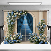 Lofaris Elegant Blue and White Floral Arch Window Photography Backdrop Hydrangea Rose Garland Classic Wedding Prop